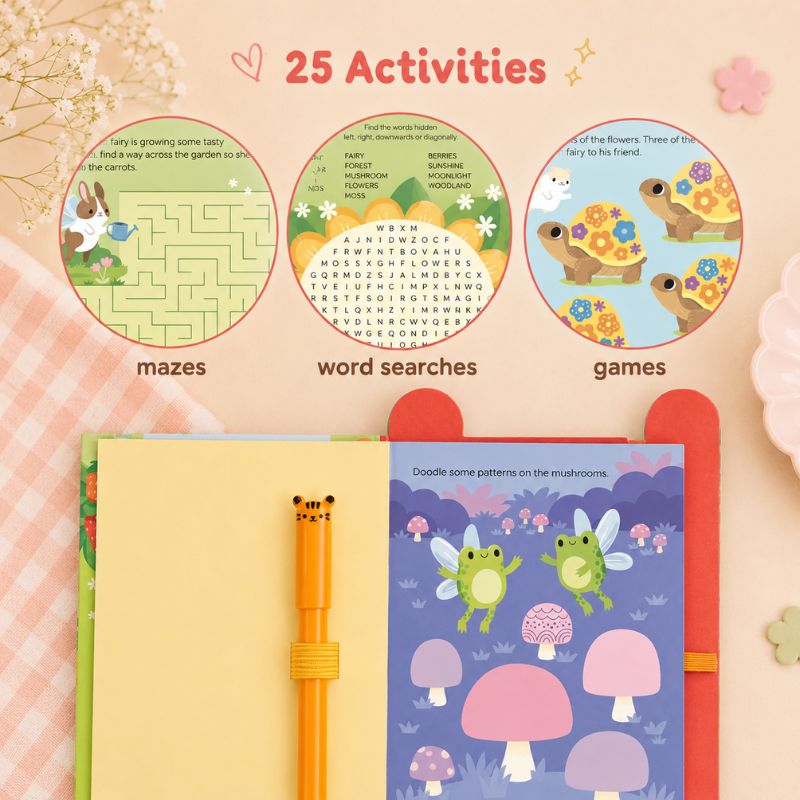 Children's activity book with mazes, word searches, and games on a colorful background
