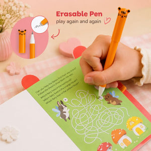 Erasable pen with tiger design being used on a children's activity book.