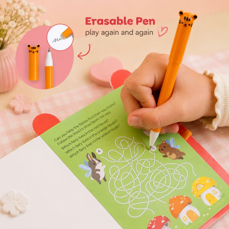 Erasable pen with tiger design being used on a children's activity book.