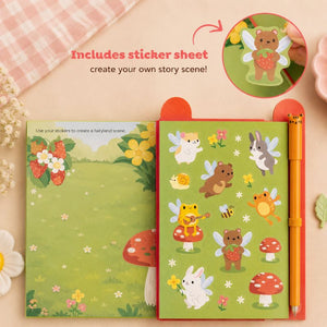 Children's book with fairy-themed illustrations and a sticker sheet on a light pink background.