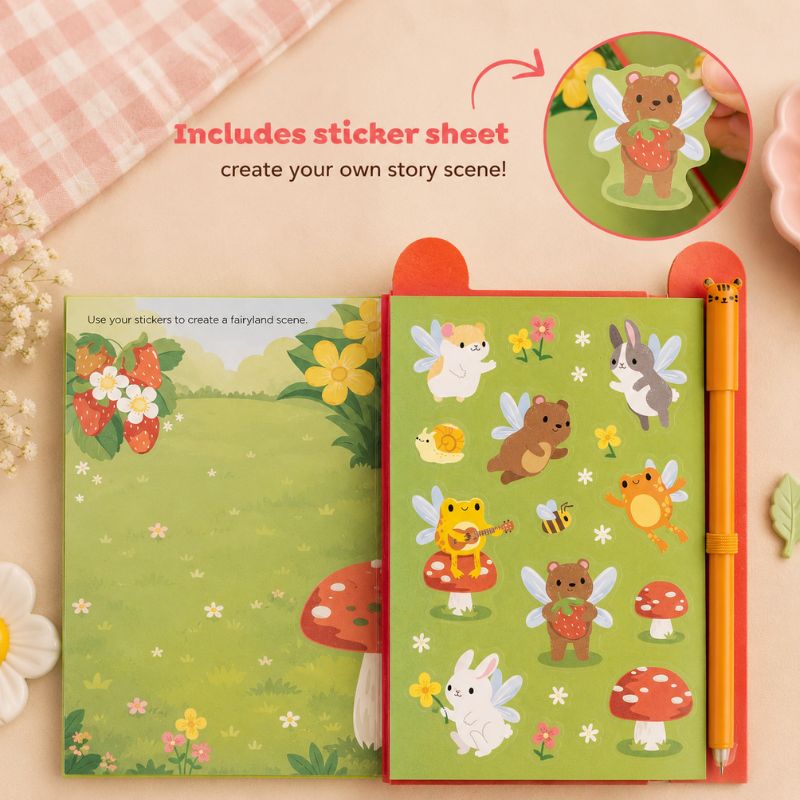 Children's book with fairy-themed illustrations and a sticker sheet on a light pink background.