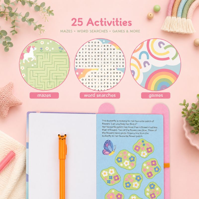 Children's Busy Whiz Unicorn activity book with mazes, word searches, and games on a pink background. - Loveshack Giftware