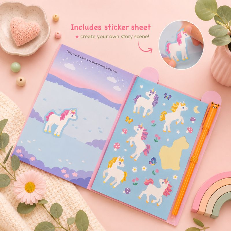 Colorful Busy Whiz unicorn-themed notebook with stickers and a pen on a pink background—Loveshack Giftware