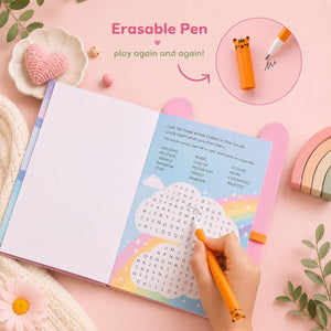 Children's Busy Whiz Unicorn activity book with erasable pen on a pink background - Loveshack Giftware