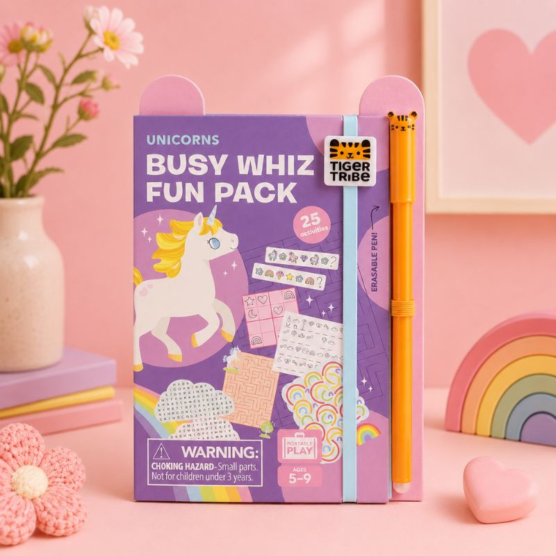 Busy Whiz Fun Pack with unicorn design on a pink background