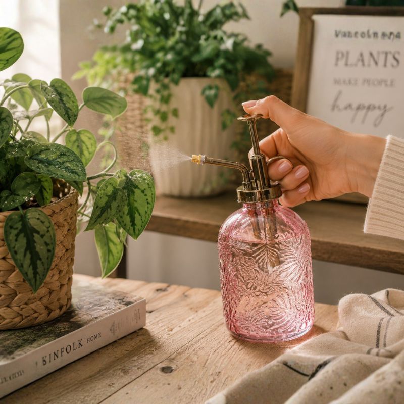 Person using a pink glass spray bottle on a wooden table with plants in the background.-Loveshack Giftware