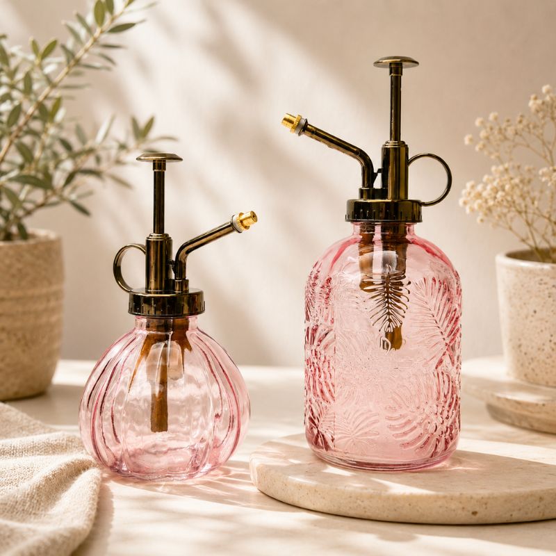 Two pink glass spray bottles with brass nozzles on a light surface with a neutral background.-Loveshack Giftware