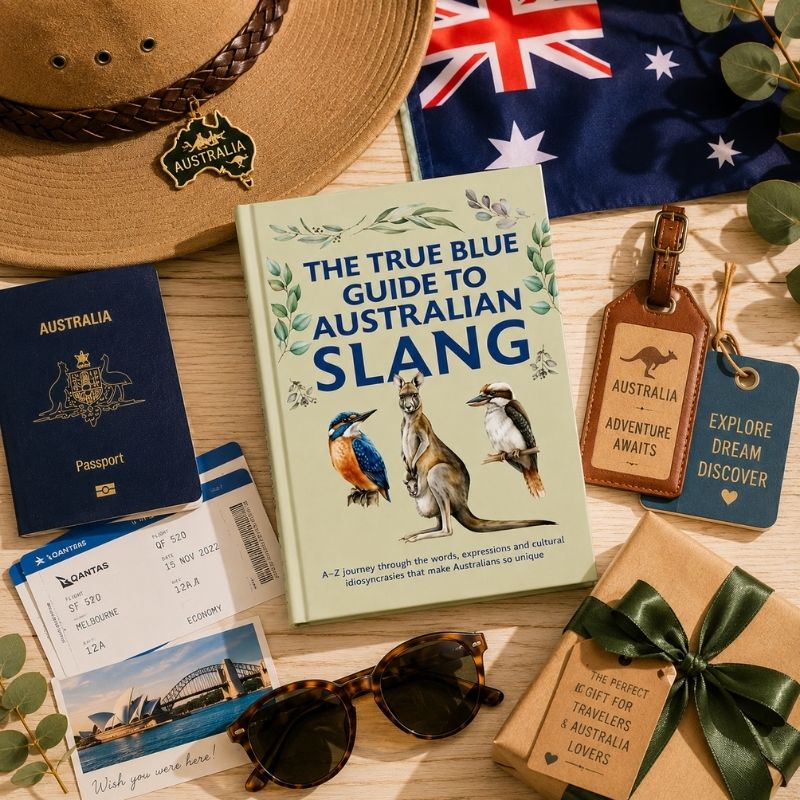 The True Blue Guide to Australian Slang gift setup with Australian hat, passport, travel tags, and souvenir items