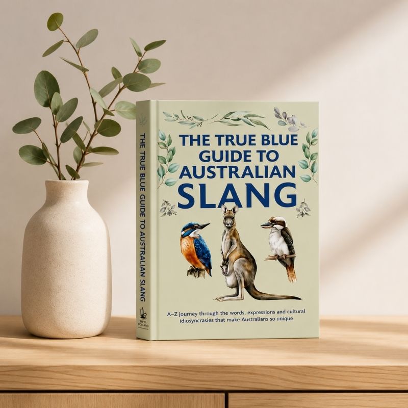 The True Blue Guide to Australian Slang displayed on a wooden table beside a ceramic vase with greenery