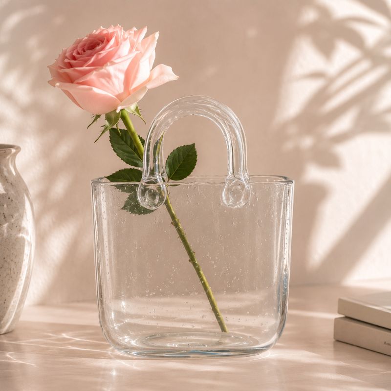 Clear glass vase with a handle holding a pink rose on a light background