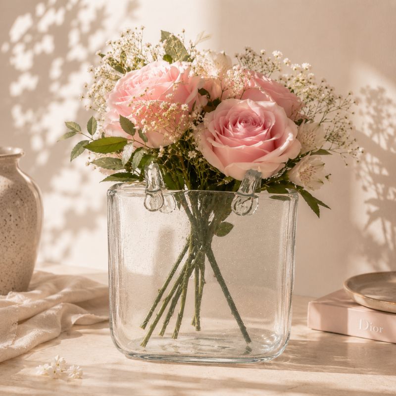 Clear glass vase with pink roses and greenery on a wooden surface.
