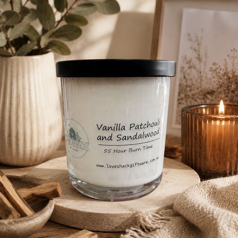 Love Shack Giftware Vanilla Patchouli and Sandalwood Soy Candle in a reusable glass jar with approximately 55 hours burn time and warm fragrance.