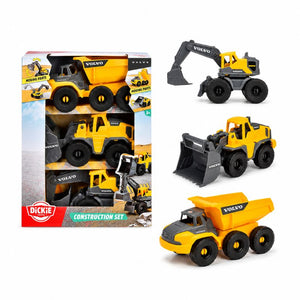 A Dickie Toys construction set featuring three Volvo toy vehicles: a dump truck, an excavator, and a wheel loader, shown both inside their retail packaging and as individual products on a white background.