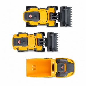 Three views of a small yellow and black toy dump truck shown on a plain white background, with the open bed and front loader attachment visible.