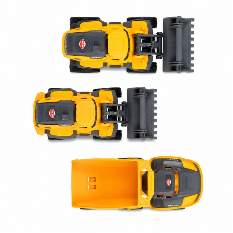 Three views of a small yellow and black toy dump truck shown on a plain white background, with the open bed and front loader attachment visible.