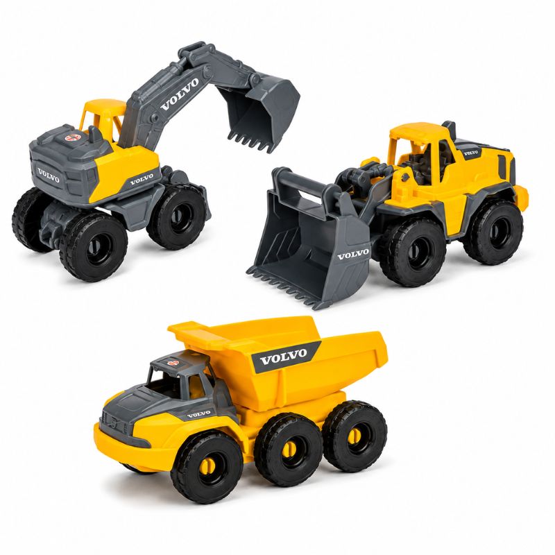 Three Volvo toy construction vehicles on a clean white background: an excavator, a wheel loader, and a dump truck.