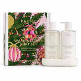 Huxter Pink Pepper & Vanilla Bean Wash and Lotion Gift Set with two 500ml pump bottles and white silicone tray
