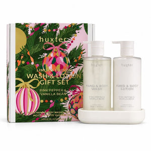 Huxter Pink Pepper & Vanilla Bean Wash and Lotion Gift Set with two 500ml pump bottles and white silicone tray