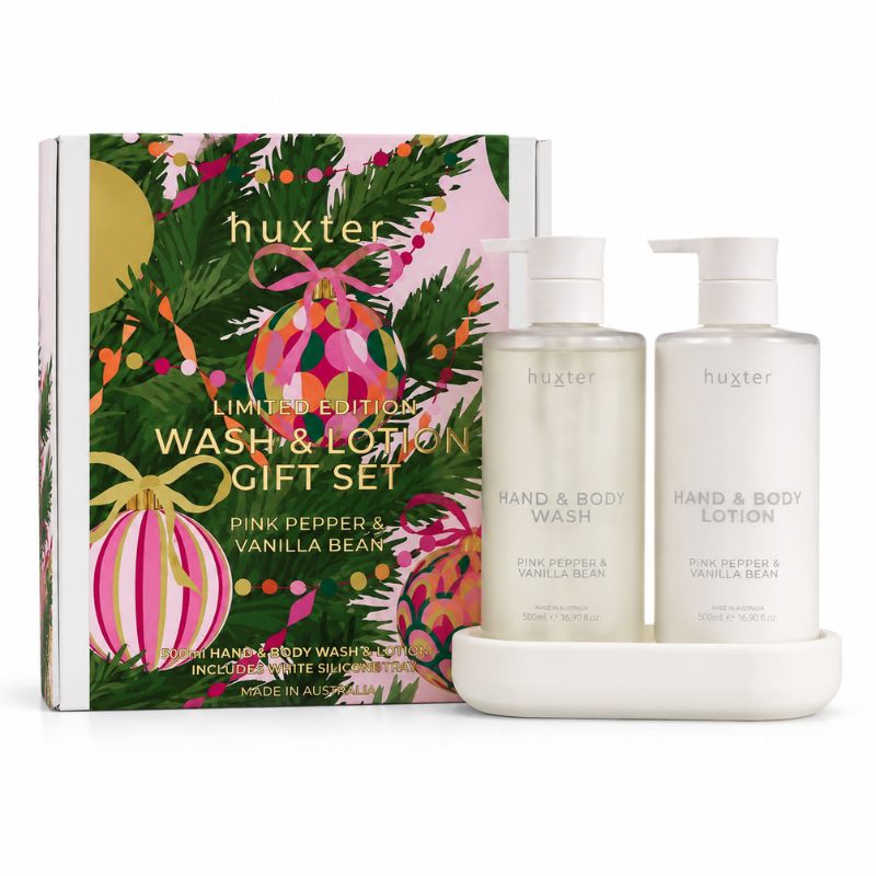 Huxter Pink Pepper & Vanilla Bean Wash and Lotion Gift Set with two 500ml pump bottles and white silicone tray
