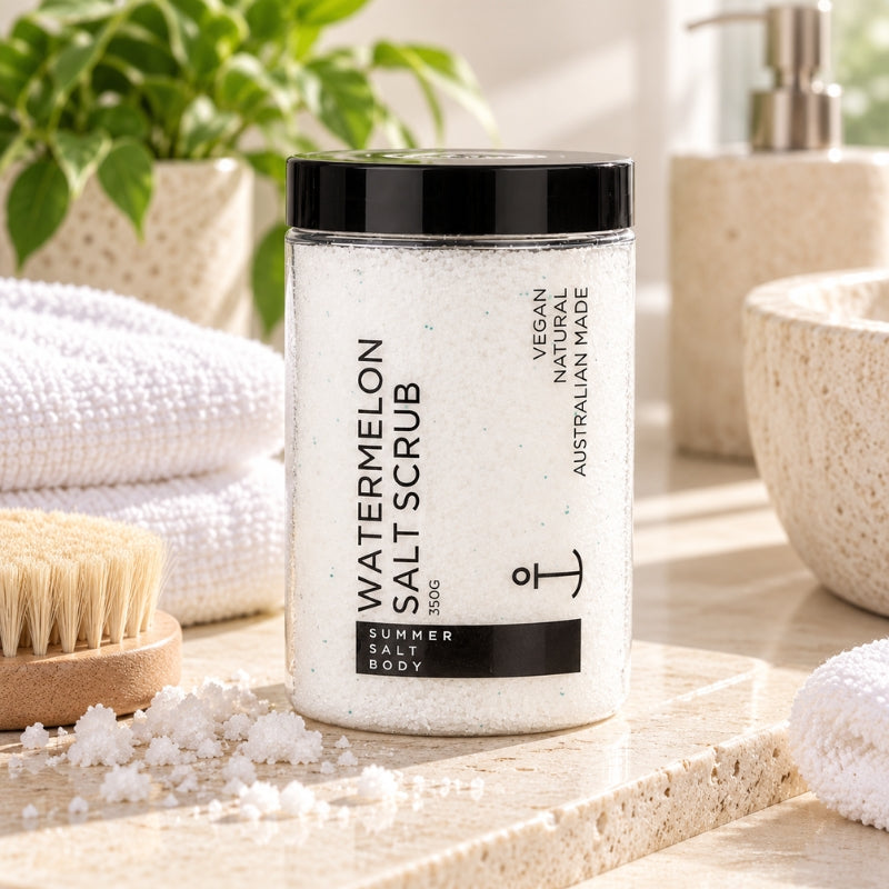 Summer Salt Body Watermelon Salt Scrub styled on a light stone bathroom vanity