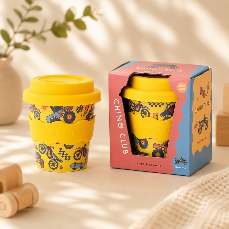 Wheelies Babychino Cup, 4 oz, and packaging on a light surface.