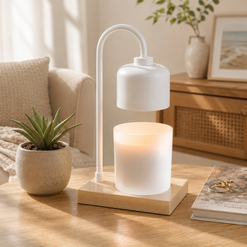 A modern White & Wood Arched Candle Warmer Lamp with a frosted glass candle holder and a light wood base, styled on a wooden table in a cozy living room setting.