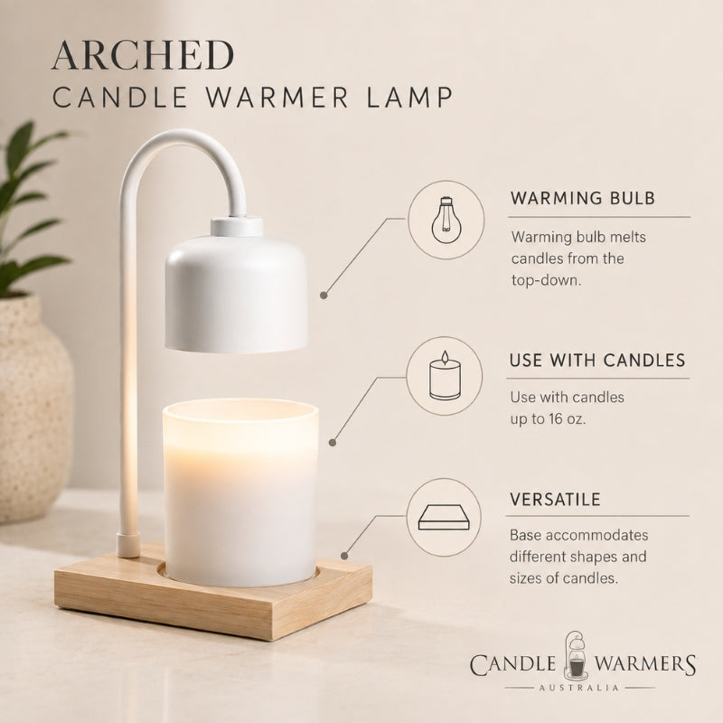 An arched LED candle warmer lamp with a white floating shade and a light wood base, shown above a lit white candle. The image includes feature callouts: warming bulb, use with candles up to 16 oz, and versatile base compatibility.