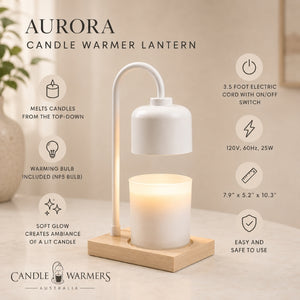 Aurora Candle Warmer Lantern shown with a lit candle in a glass jar, featuring a white floating lamp shade, wooden base, and product feature callouts on a warm beige background. Visible brand: Candle Warmers Australia.