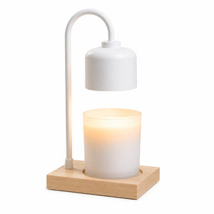 A modern White & wood arched candle warmer lamp, a glowing frosted glass candle holder, and a light natural wood base are shown on a solid white background.