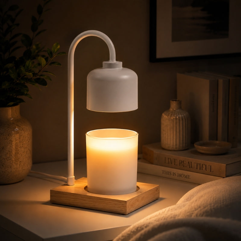 A modern White & Wood Arched Candle Warmer Lamp with a white curved arm and a frosted glass candle holder on a wooden base, glowing warmly on a bedside table in a cozy room setting.