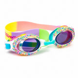 Whoopie Pie Cake swim goggles with a multicolored strap on a white background