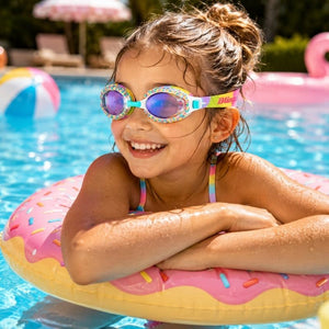 Child wearing Whoopie Pie Cake Swim colorful goggles, and a rainbow-colored inflatable ring in a pool.
