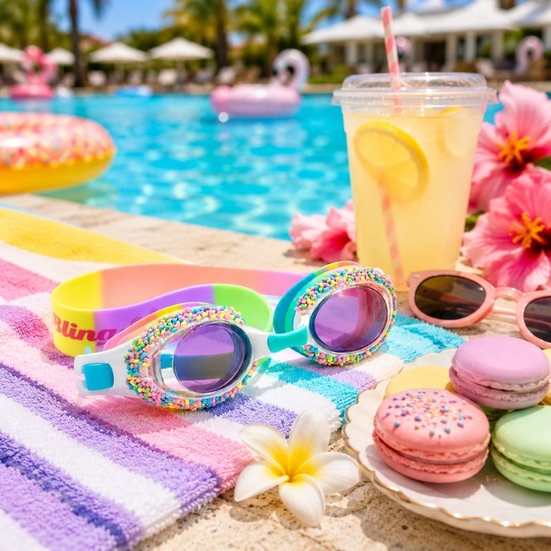 Whoopie Pie Cake Swim colorful goggles, sunglasses, and macarons by a poolside with lemonade.