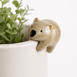 A small beige ceramic polar bear figurine with a glossy finish, perched on the rim of a white planter pot containing green foliage.-Wombat Pot Hanger