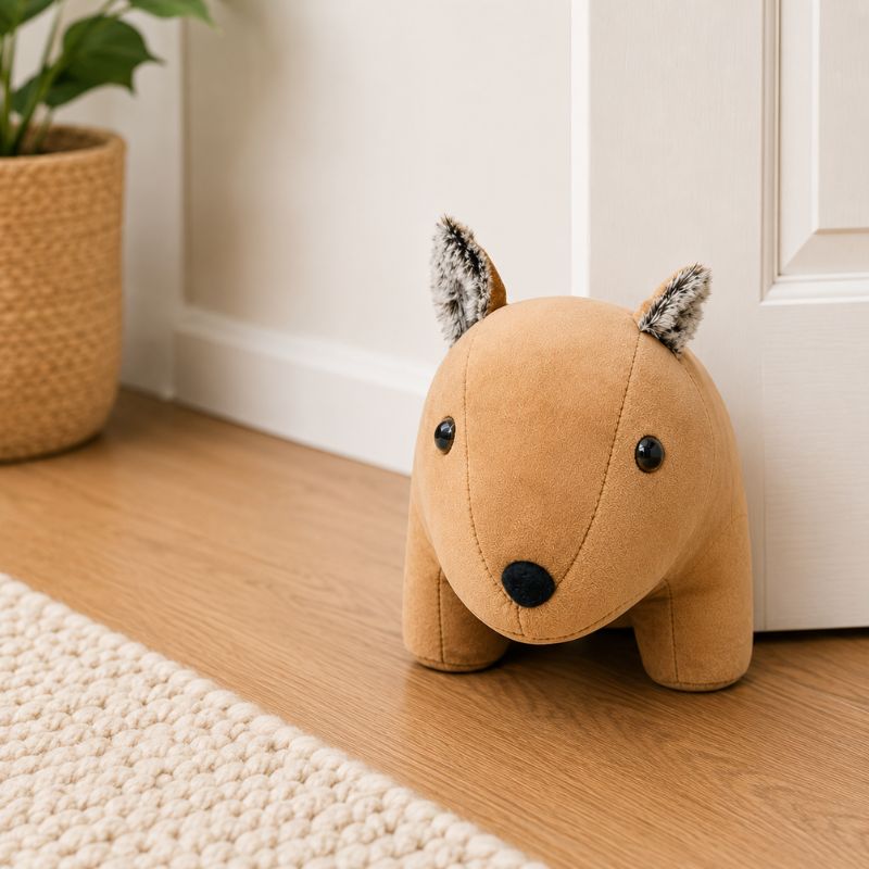 Wombat door stopper on a wooden floor next to a plant.