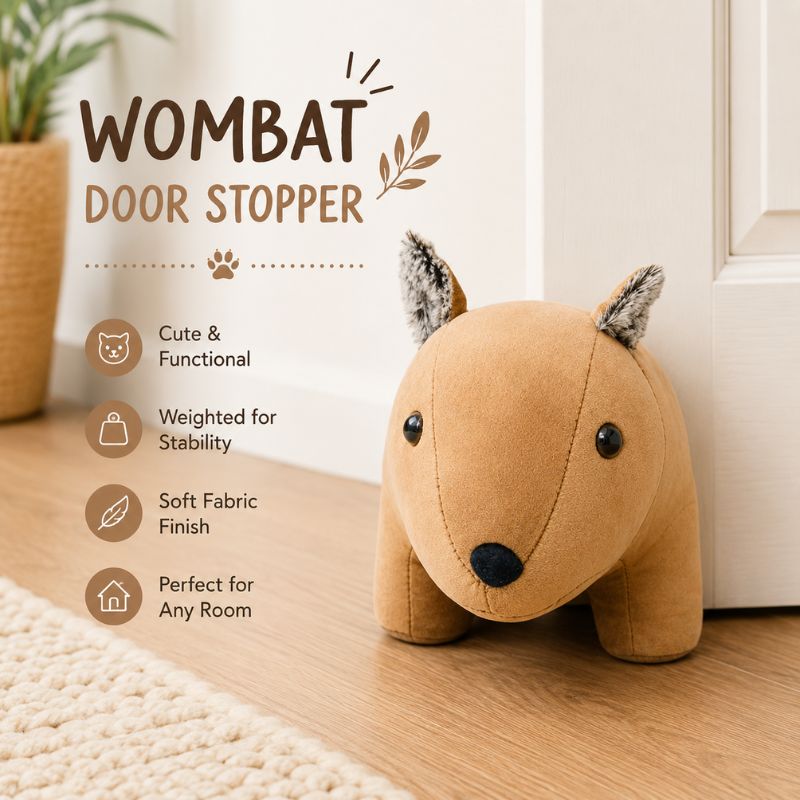 Wombat-shaped door stopper on a wooden floor with product features listed.