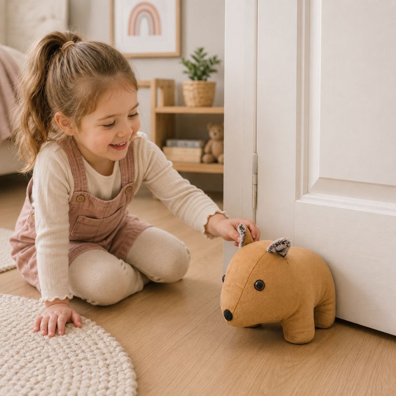 Child playing with a plush toy wombat door stopper on a wooden floor in a home setting