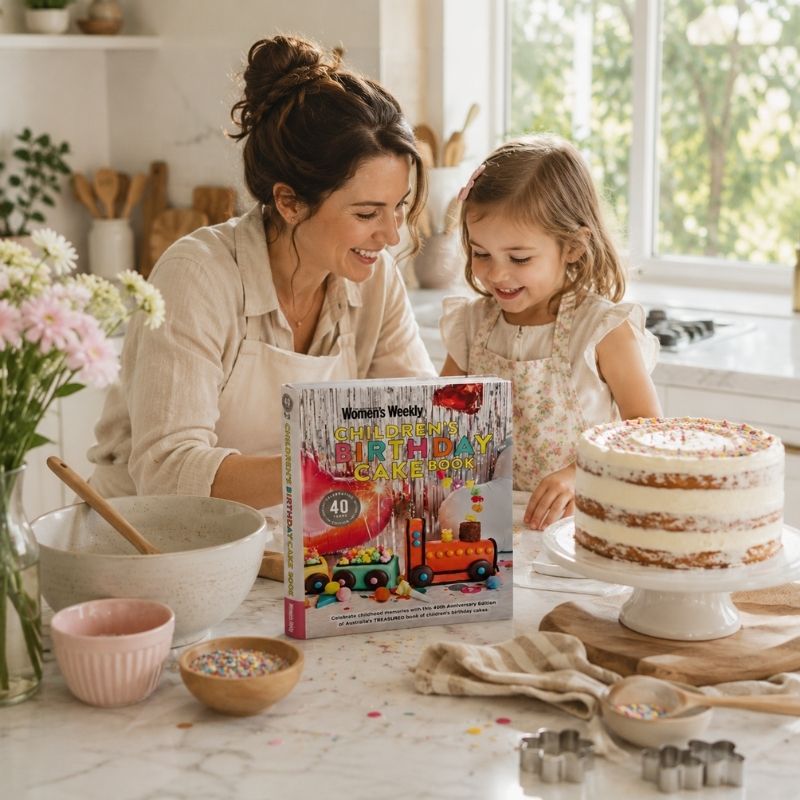 Parent and child baking together in a bright kitchen using the Children's Birthday Cake Book 40th Anniversary Edition.