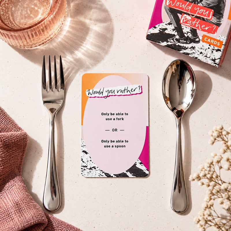Would You Rather card styled with fork, spoon and tabletop accessories
