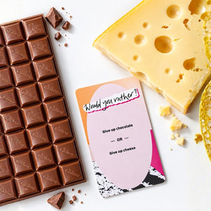 Would You Rather card displayed with chocolate and cheese