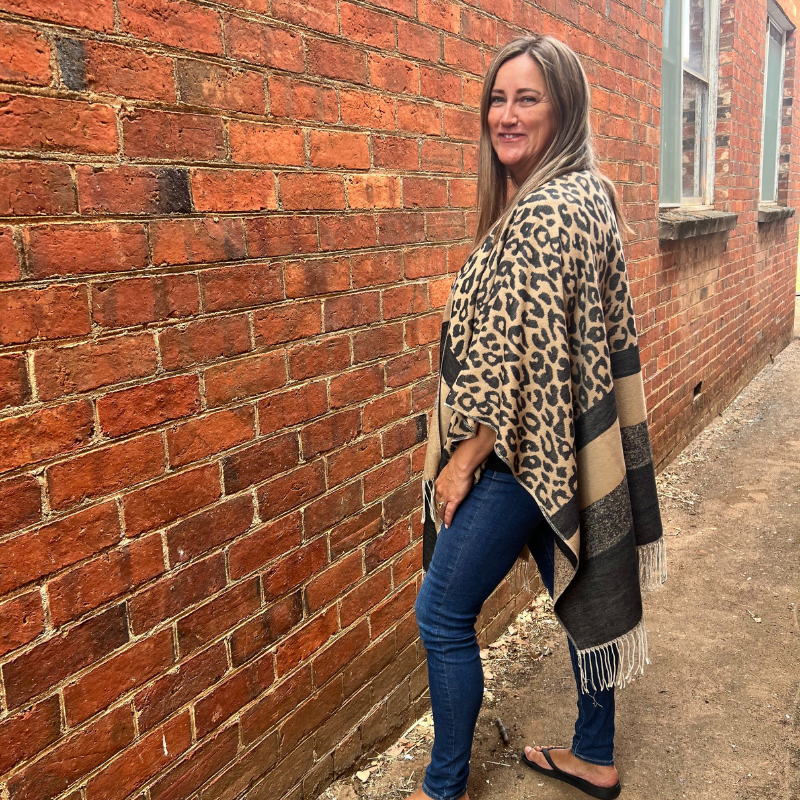 Tan Leopard Print Poncho Side On - Love Shack Giftware