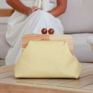 Soft Lemon -Leather & Wood Clutch Bag- Love Shack Giftware
