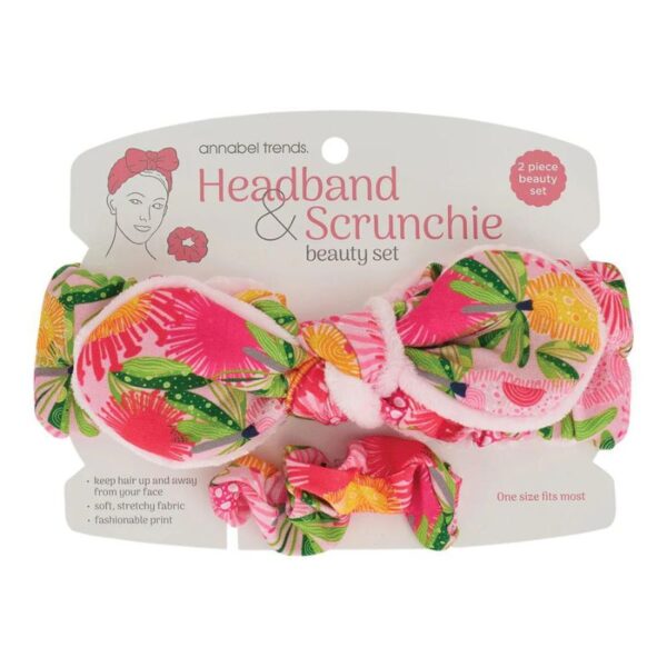 Printed Headband & Scrunchie Set - Pink Banksia 1 - Love Shack Giftware